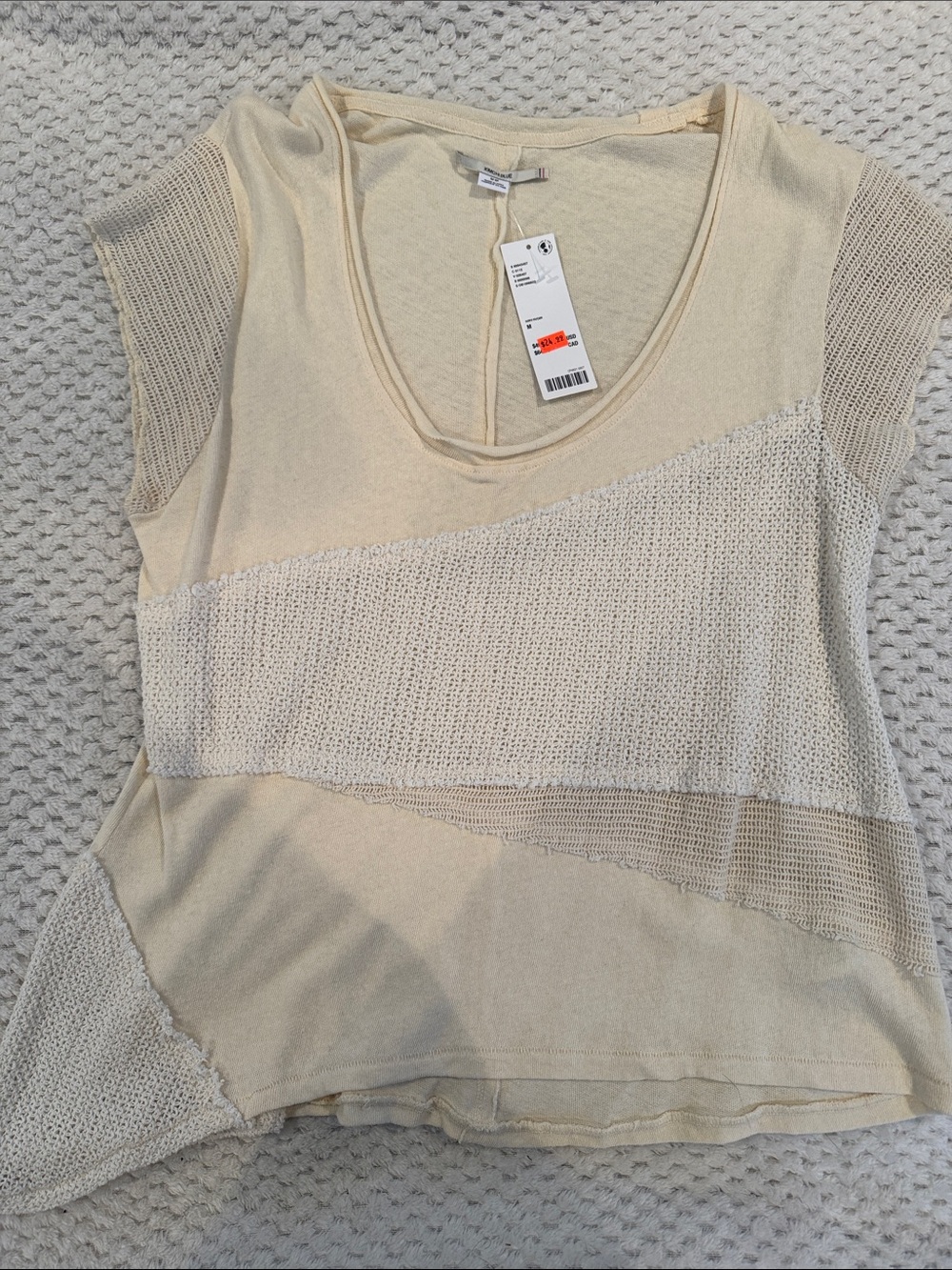Urban Outfitters Cream Mixed-Knit Short Sleeve Top